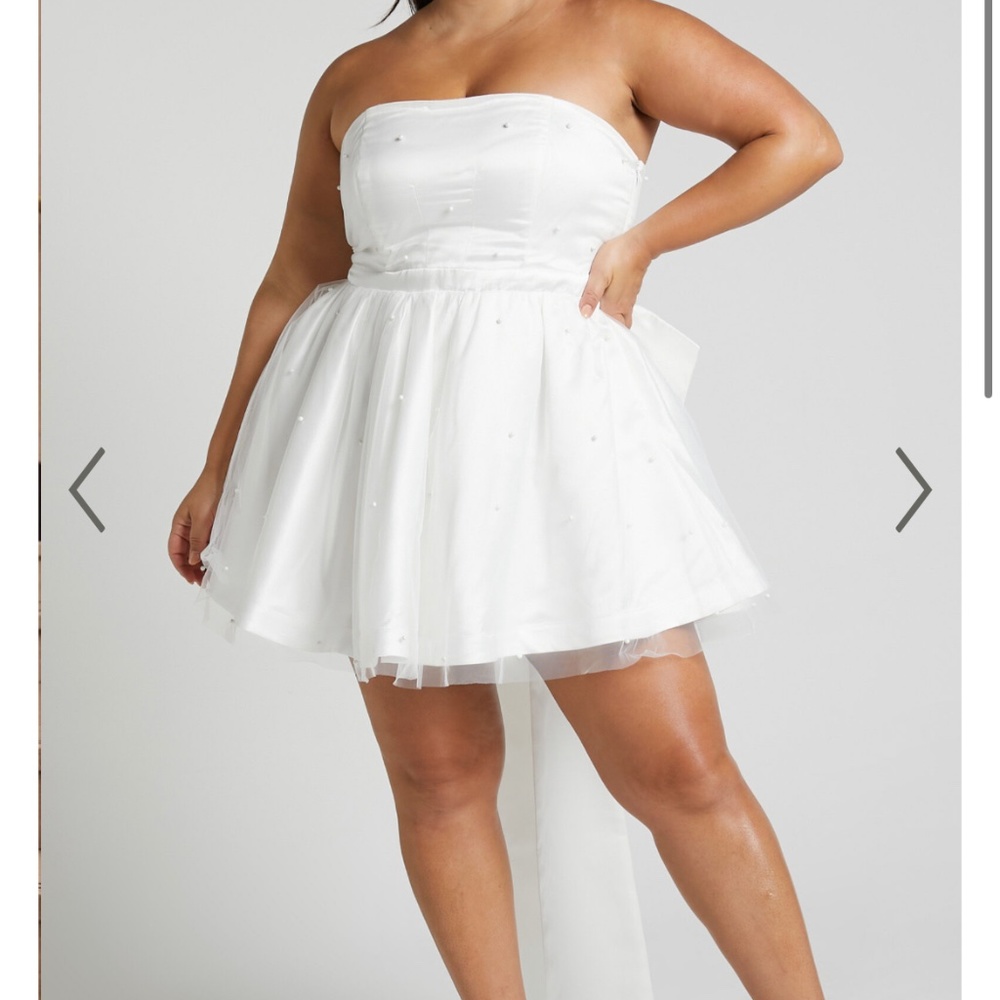 Showpo Cailene Mini Dress - Strapless Bow Train Fit and Flare Dress